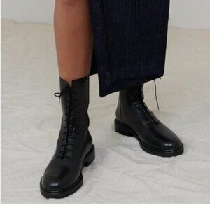 Black Women Girls Combat Boots Lug Sole Chunky Heel Front Lace Up Zip Shoes